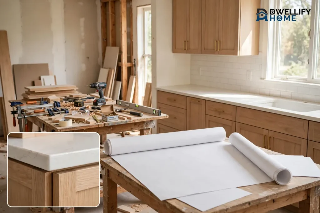 Finished kitchen beside an active worksite with blank rolled plans, with a joinery inset