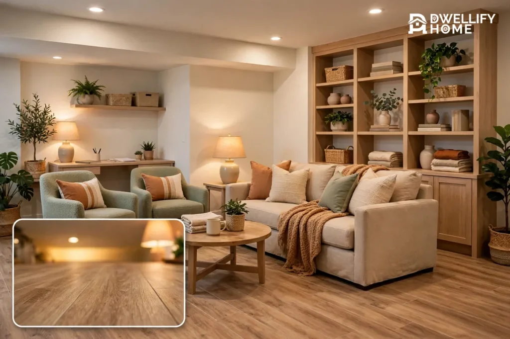Bright finished basement living room with a sofa, armchairs, desk zone and built-in shelves, with a magnified inset of warm lighting and wood-look flooring in the bottom-left corner
