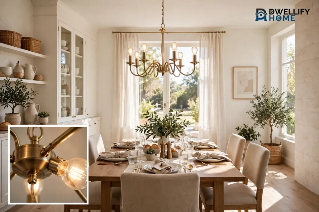 Warm brass chandelier with glowing bulbs hanging centered over a set dining table in a bright dining room, with a magnified inset at bottom left showing the chandelier fixture arm and warm bulb detail