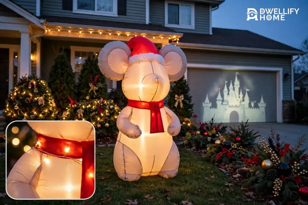 Disney-evoking outdoor Christmas yard with a glowing round-ear inflatable figure and castle light projection