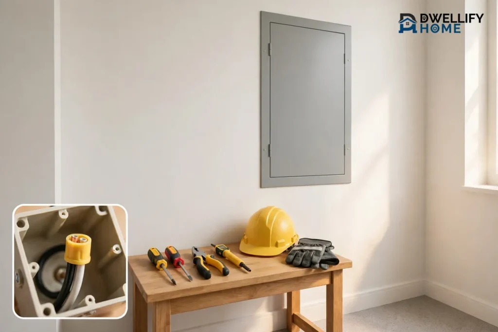 Neat electrical panel with a plain blank cover on a pale wall above a bench with insulated tools, a yellow hard hat and work gloves, and a magnified inset of a tidy capped wire connection in a junction box