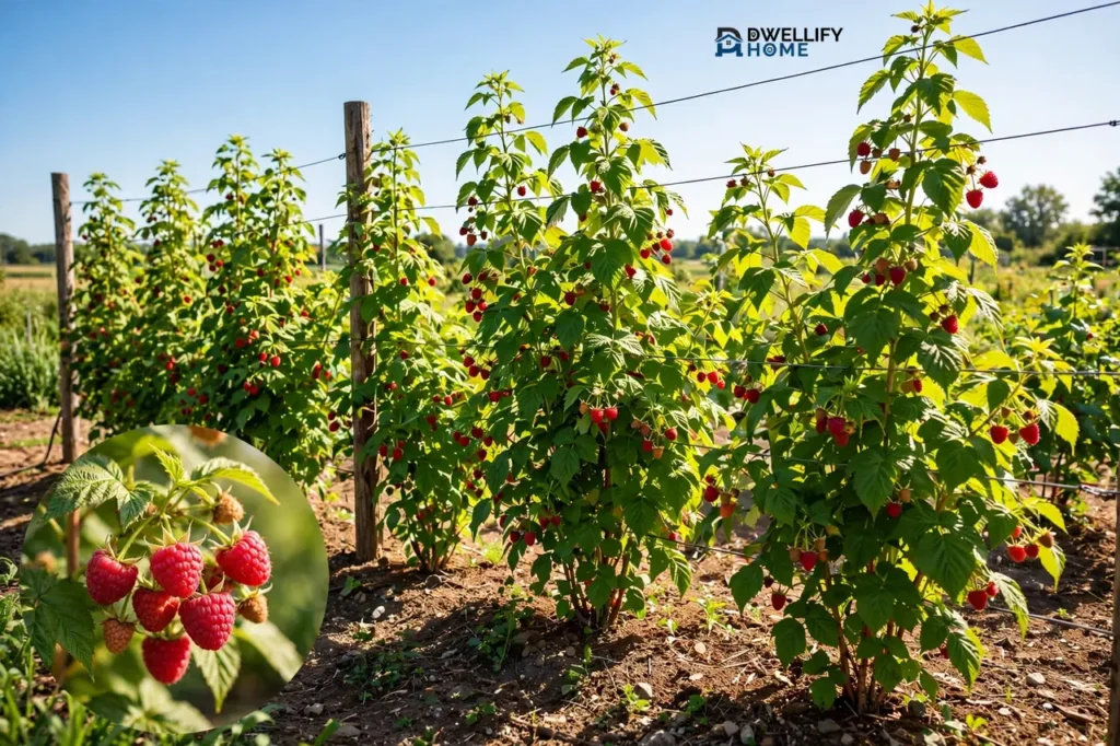 Sun-drenched trellised raspberry canes with ripe berries, with a sunlit-berry inset