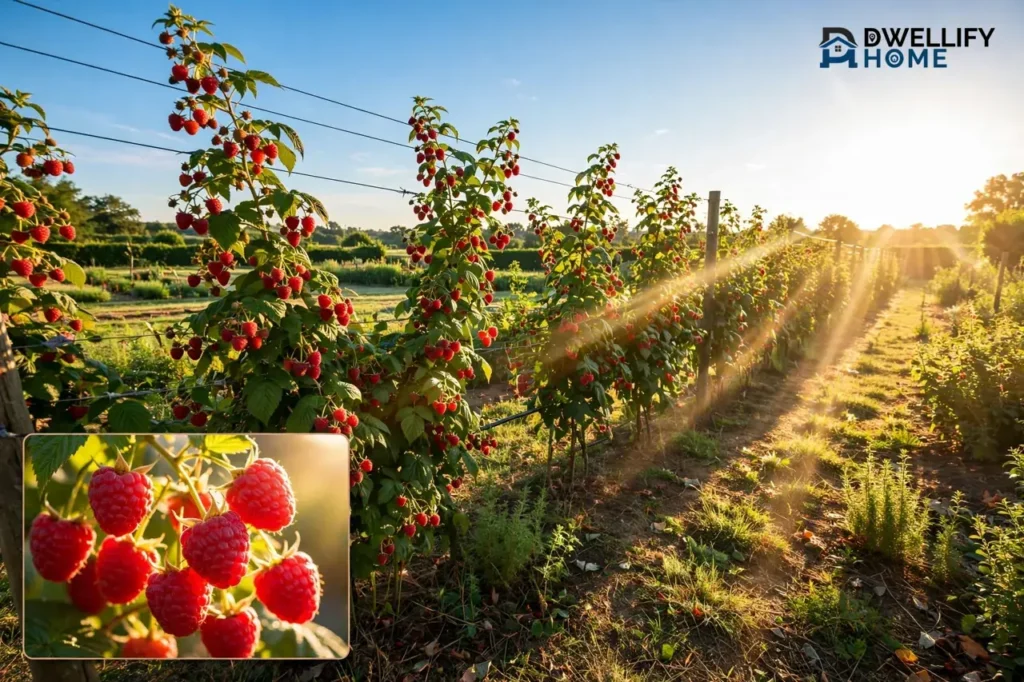 Wide raspberry row in strong direct morning sunlight with sun rays and heavy berries, with a sunlit berry cluster