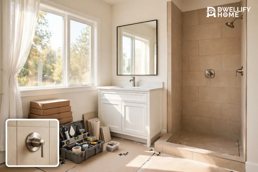 Bright bathroom mid-renovation with a new white vanity, tiled walk-in shower, and tools and tile boxes, plus a close-up inset of the new shower fixture