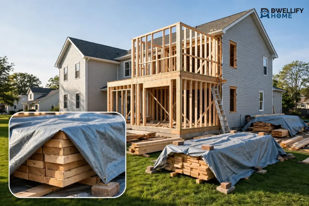 House mid-extension with exposed framing and lumber stacks protected under tarps, with a close-up inset of tarp-covered lumber