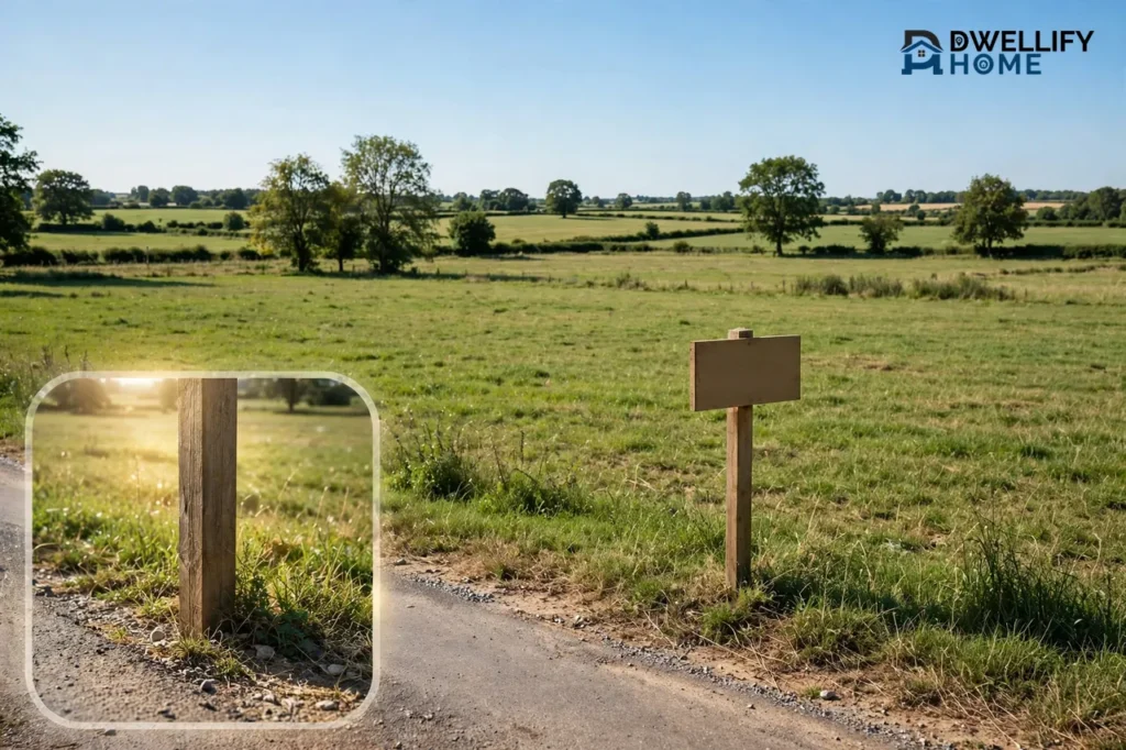 Open grassy parcel of vacant land beside a country road with a plain blank wooden sign post in the foreground, with a magnified close-up inset of the sign post and road edge in the bottom-left corner