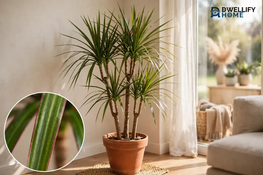 Dracaena marginata with slender trunks and long narrow arching leaves with reddish edges in a terracotta pot, red-edged leaf inset
