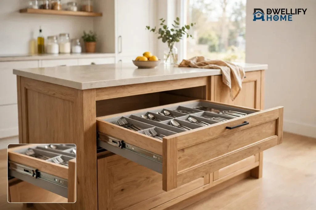 An open deep kitchen drawer revealing a shallow inner cutlery tray, plus a magnified inset of the drawer runner.