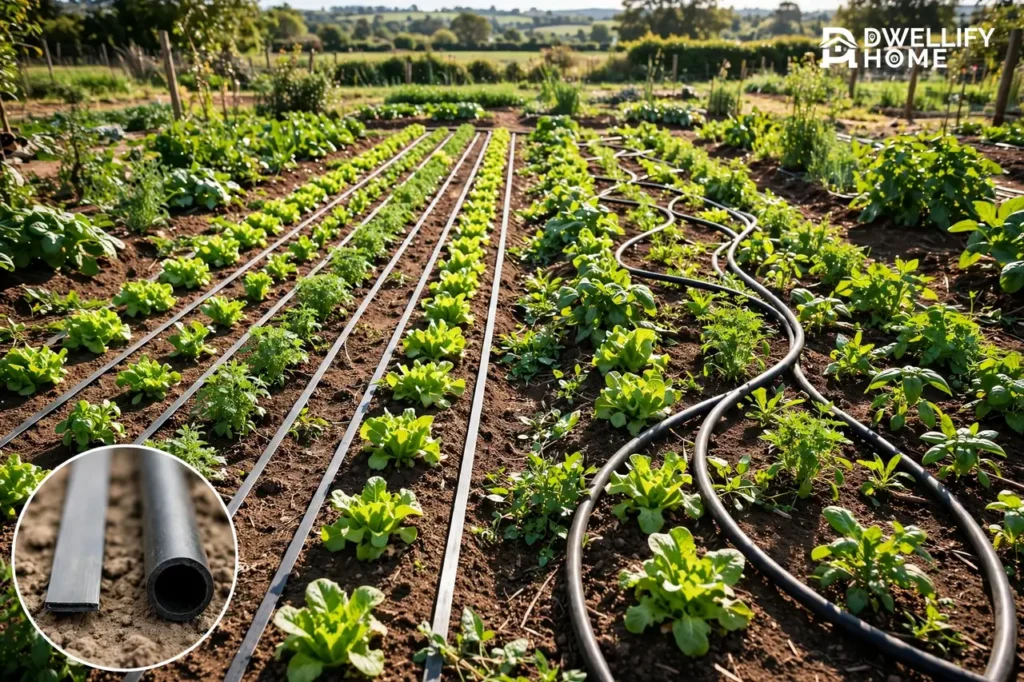 Garden bed with flat drip tape in straight rows beside curving round drip line, with a flat-vs-round profile inset