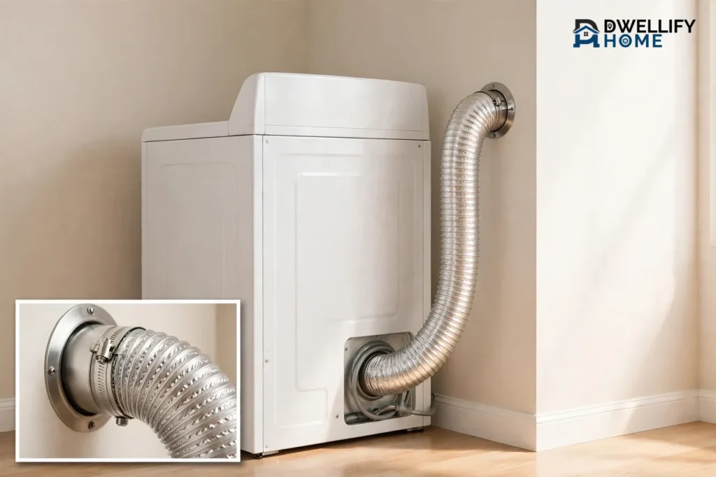 Silver semi-rigid dryer duct running to a wall vent collar with clamps, with a clamp close-up inset