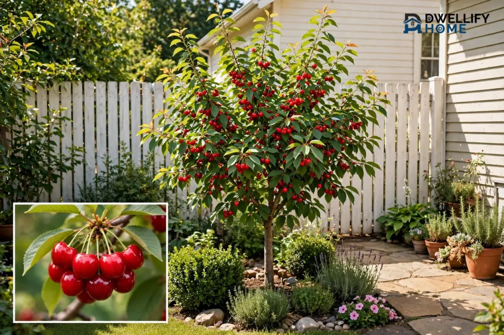 Compact cherry tree laden with red cherries in a small fenced garden, with a cherry-cluster inset
