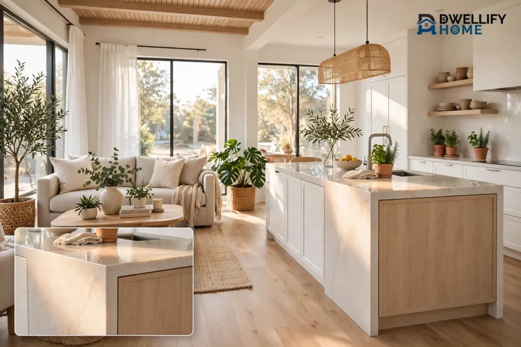 Bright newly remodeled open-plan living room and white kitchen with a large island, sunlight through big windows, and a close-up inset of the island finish in the bottom-left corner