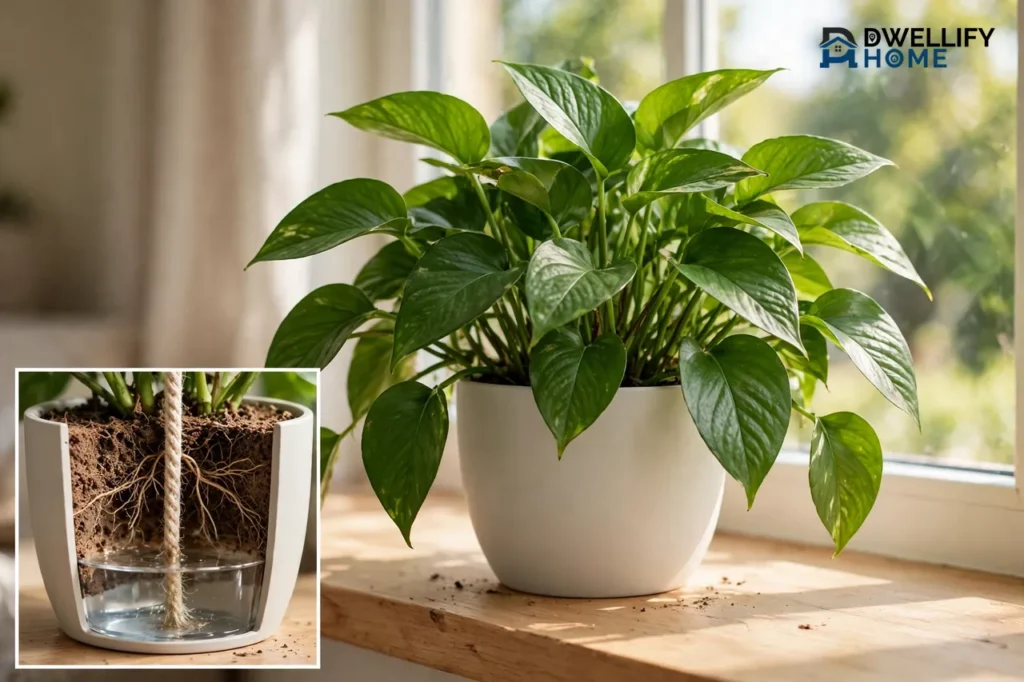 Healthy plant in a plain unbranded white self-watering pot, with a cutaway inset showing the water reservoir and wick