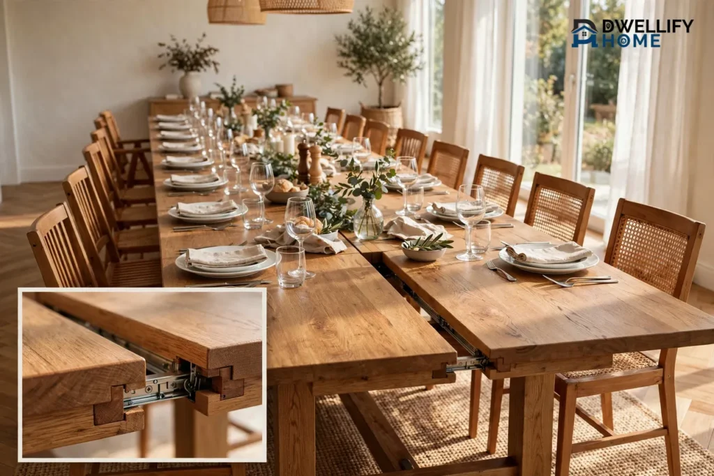 Long wood dining table fully extended and set for guests, with an extension-mechanism inset