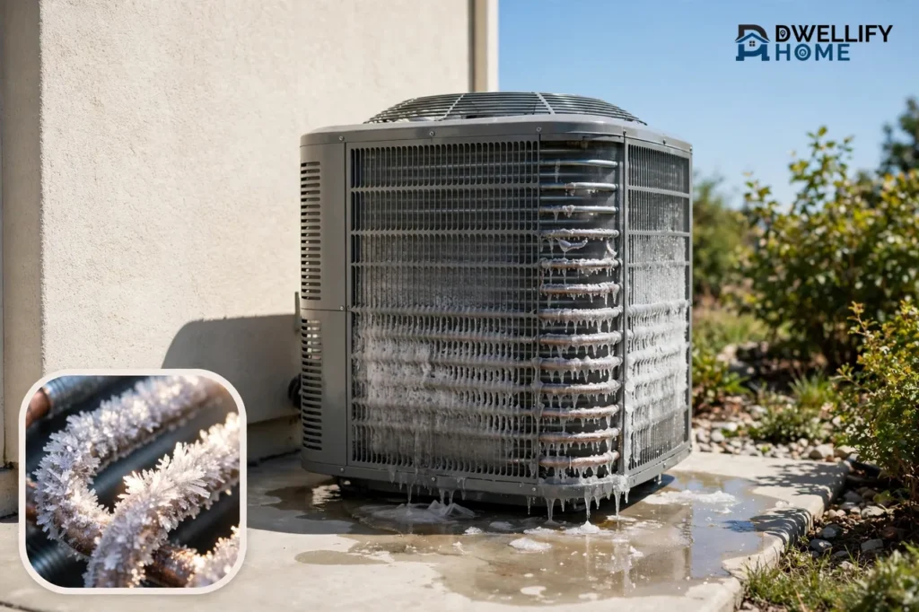 Outdoor home air conditioner unit covered in ice on its coils with water pooling on the concrete pad beneath it, with a magnified close-up inset of frosted coils in the bottom-left corner