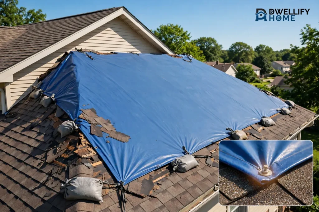 Blue tarp over a storm-damaged roof slope in bright daylight, tarp fastening inset