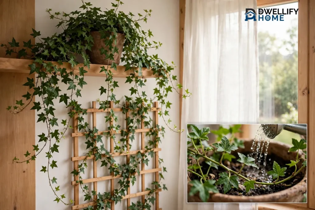 Trailing English ivy vines on a wooden trellis by a bright window, watering inset