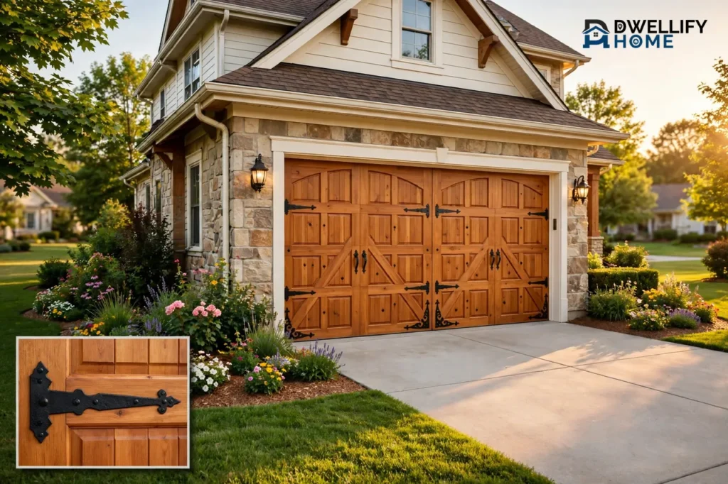 Beautiful custom carriage-house wood garage doors with iron-style hardware, hardware detail inset