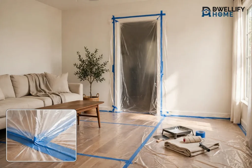 Living room prepared with plastic-sheeting containment and taped seams