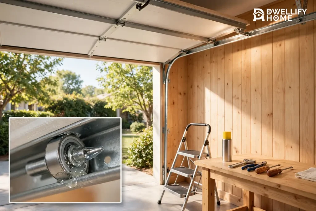 Partially open garage door with workbench tools and lubricant, lubricated roller track inset