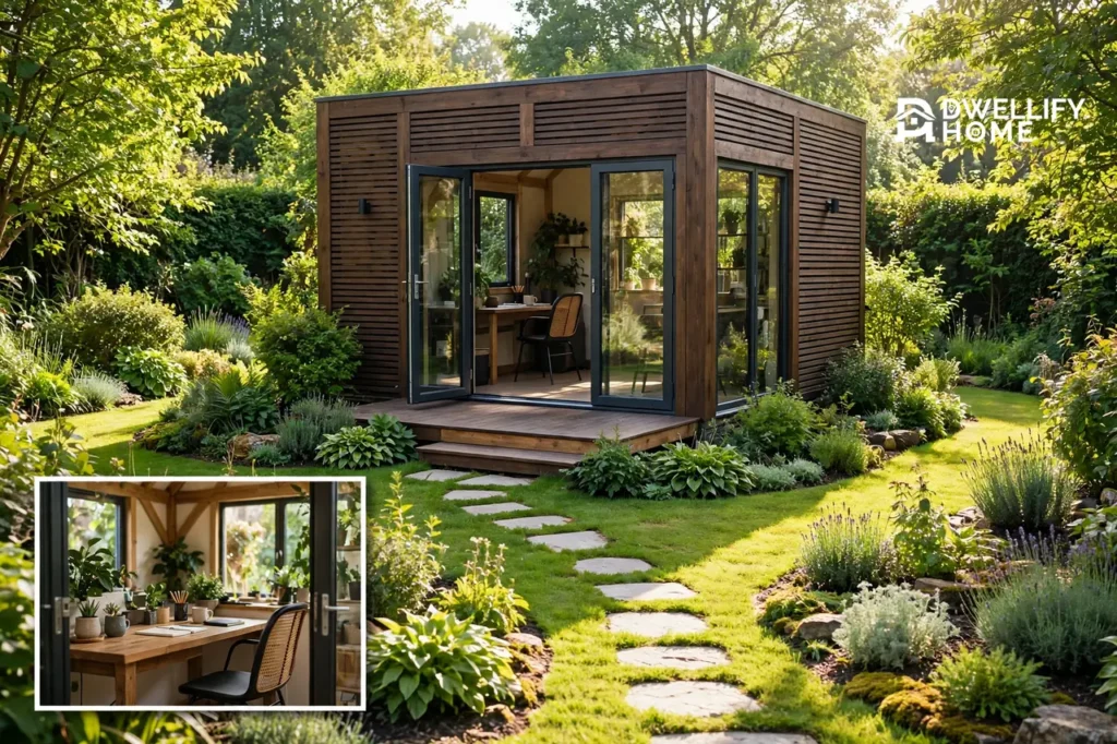 Standalone timber garden studio in a garden, furnished office interior inset