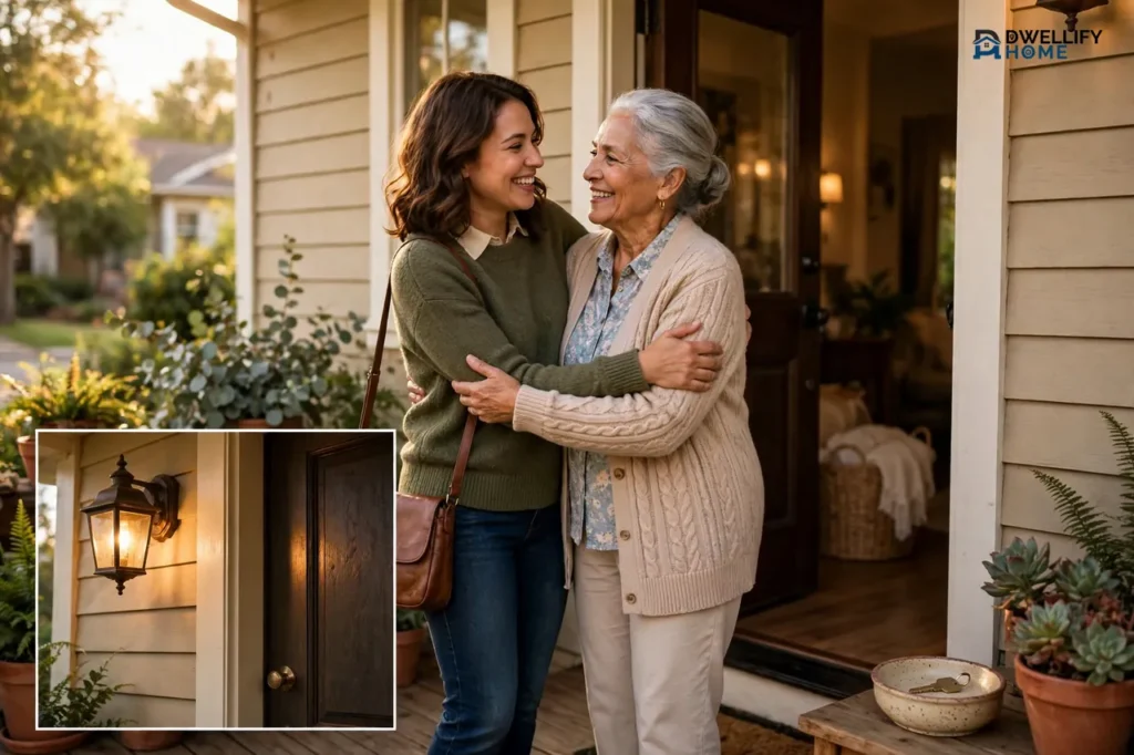 Parent and adult child embracing at an open front door with a porch lantern inset