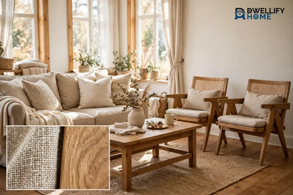 Cozy farmhouse living room with a neutral sofa, wood-frame accent chairs and a natural wood coffee table in bright warm light, with a close-up inset of woven fabric and wood grain