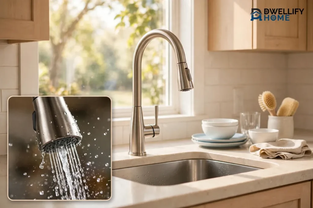 Tall brushed-metal pull-down kitchen faucet over a stainless steel sink in a bright kitchen, with a close-up inset of the spray head running water