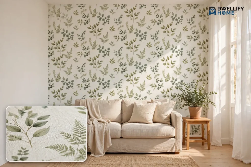 A bright living room with one botanical-pattern wallpapered feature wall behind a beige sofa, other walls plain, with a close-up inset of the wallpaper pattern in the bottom-left corner