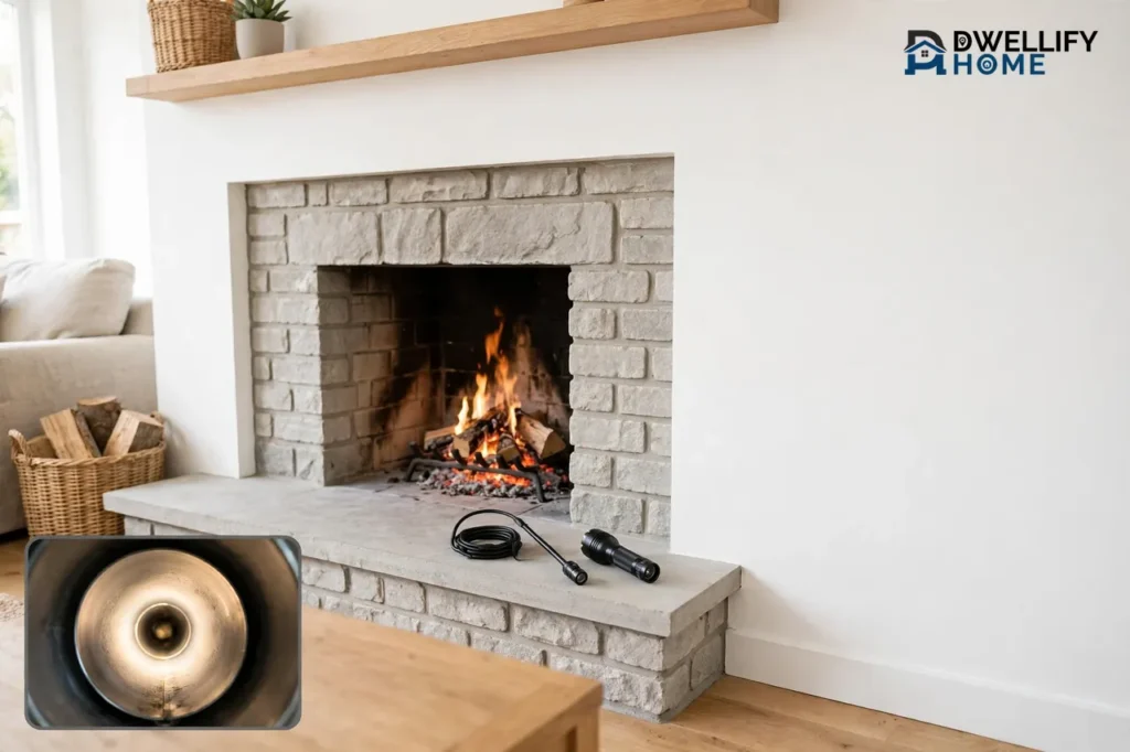 Bright living room stone fireplace with a lit fire, inspection camera probe and flashlight on the hearth, and a bottom-left inset showing the inside of a flue liner