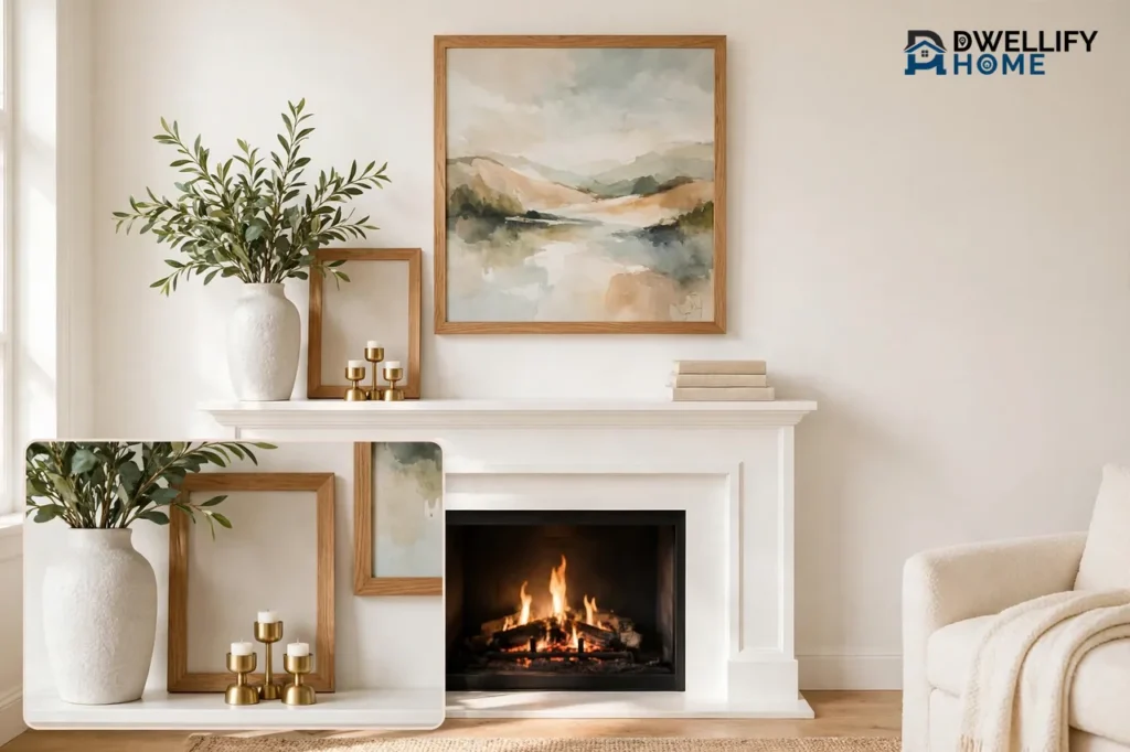 Styled white fireplace mantel with a large framed landscape painting centered above it, a tall vase with greenery, a leaning frame, gold candle holders and stacked books, with a lit fire below and a close-up inset of the layered mantel decor at bottom left