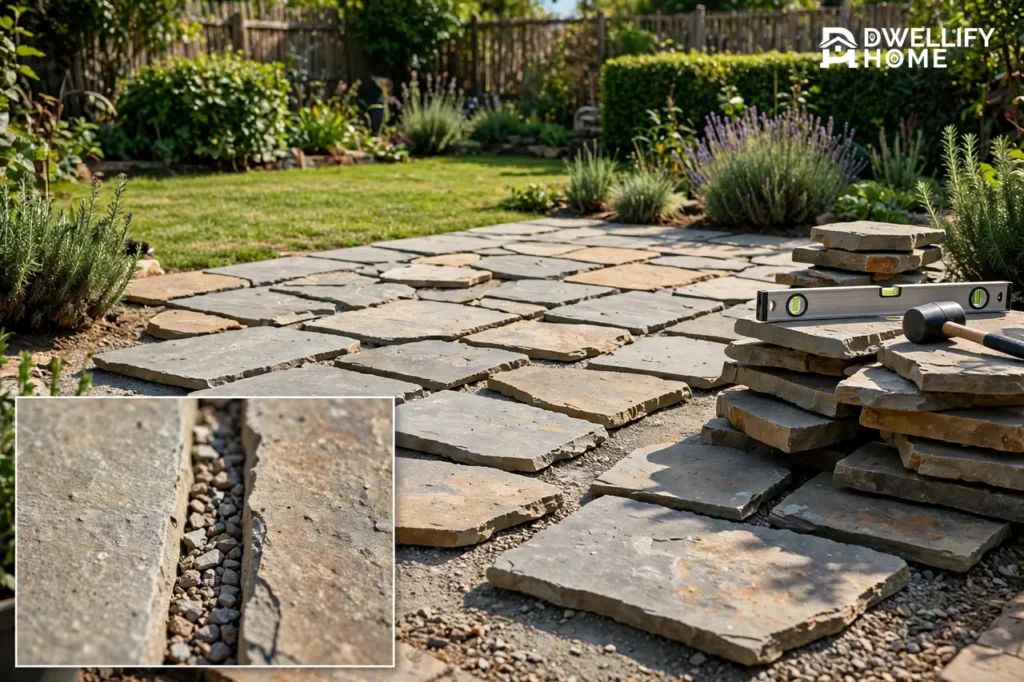 Flagstone patio mid-installation with stacked stones, level and mallet, with a gravel-joint inset