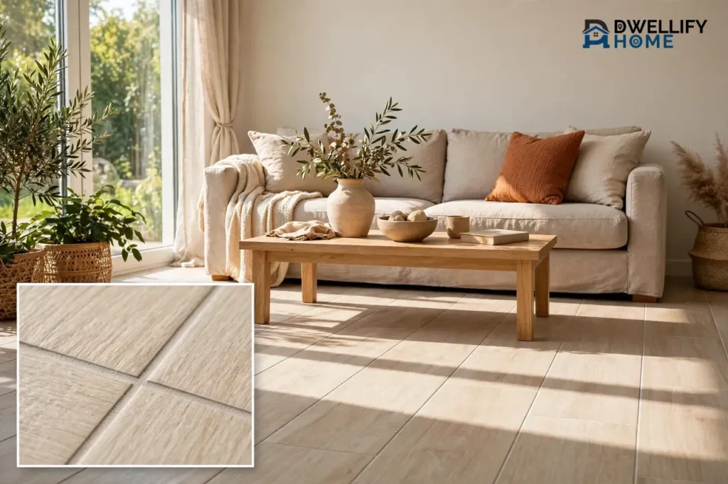 Sunlit living room with large light wood-look porcelain floor tiles, a beige sofa and wooden coffee table, with a magnified close-up inset of the tile and grout joint in the bottom-left corner