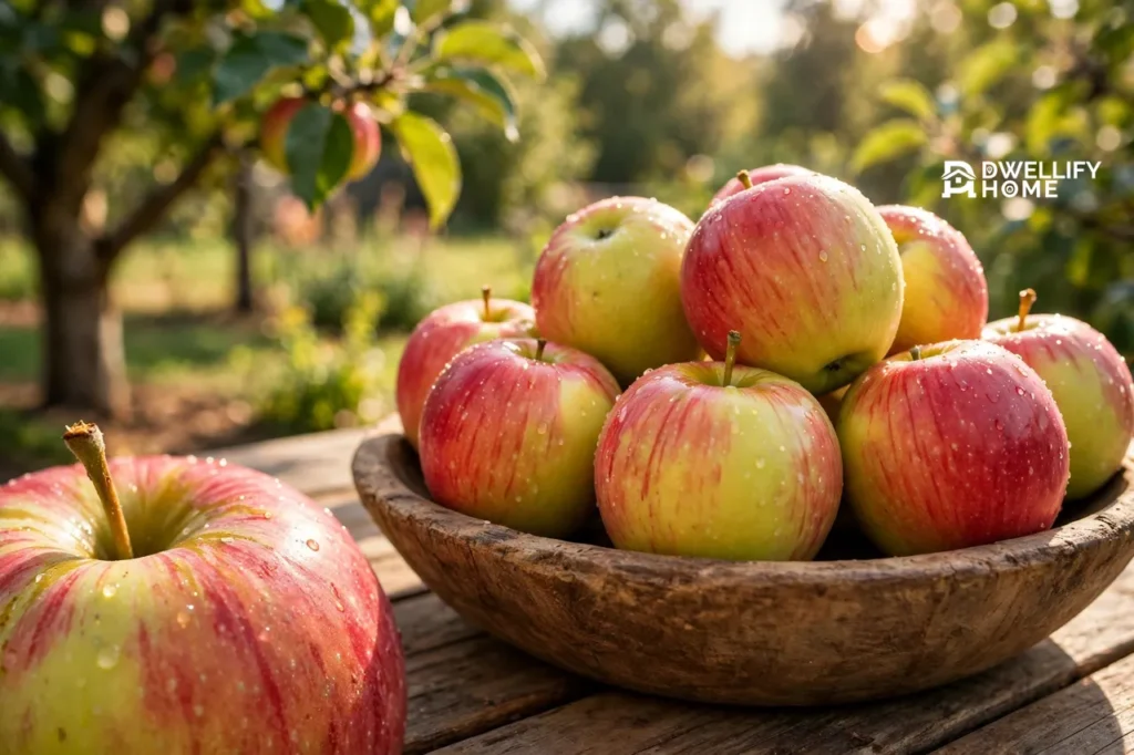 Round red-over-yellow-green apples in a wooden bowl with an orchard tree behind