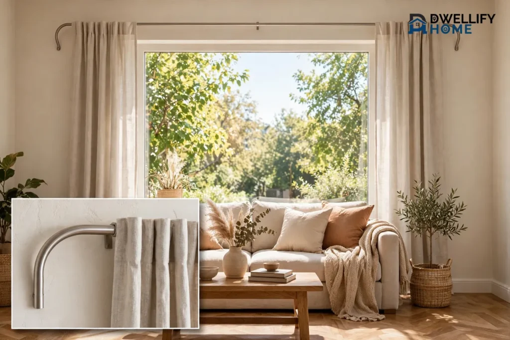 Window with linen curtains on a metal curtain rod that curves back to the wall at each end, with a bottom-left magnified inset of the curved return bend meeting the wall