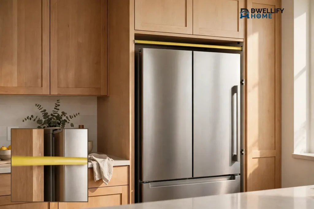 Stainless steel refrigerator fitted in a wooden kitchen cabinet opening with a blank yellow measuring tape across the top and a magnified inset at bottom left showing the side clearance gap