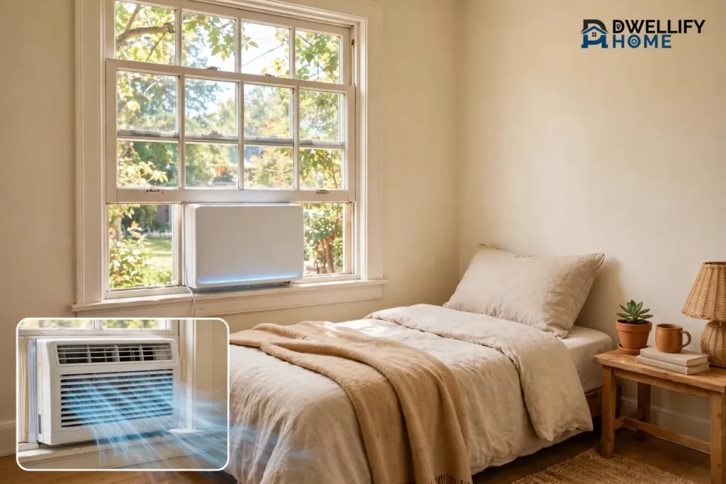 Small boxy window air conditioner in a small bedroom with a cool-airflow inset