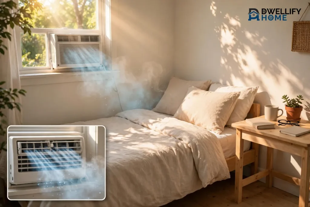 Compact window air conditioner cooling a small bedroom, with a cool-airflow inset