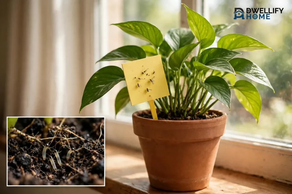 Potted houseplant with yellow sticky trap, soil and larvae inset