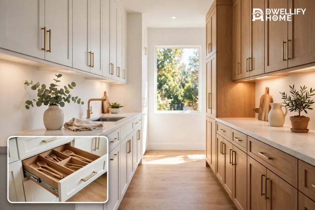 Bright remodeled galley kitchen with cabinets on two parallel walls and a clear central walkway, with a close-up inset of an open organized storage drawer