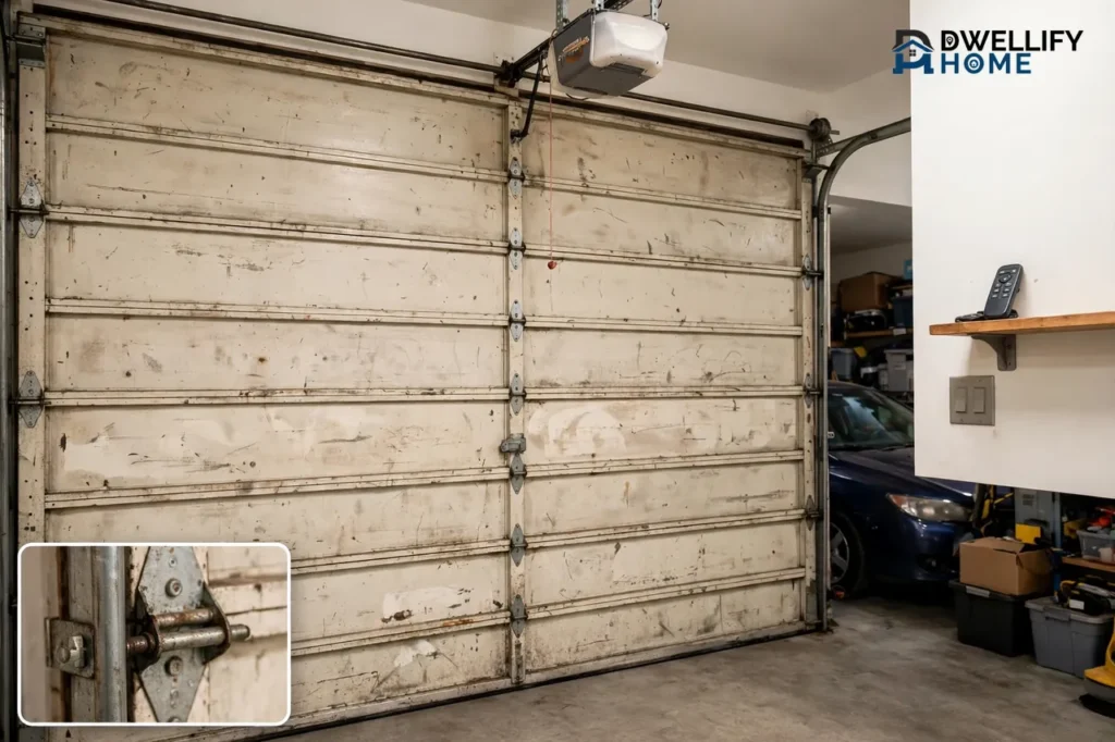 Worn closed sectional garage door with ceiling opener and engaged lock latch and roller inset