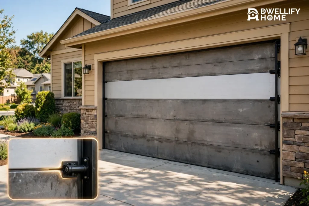 A garage door with one clean new white panel against older weathered sections, plus a magnified inset of the hinge and roller joint.
