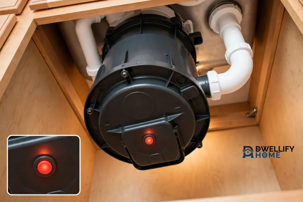The underside of a clean garbage disposal under a kitchen sink with its small red reset button glowing, shown again in a close-up inset