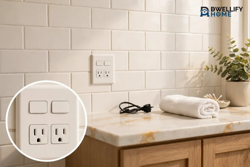 Bathroom GFCI outlet with blank test and reset buttons and a close-up inset of the outlet