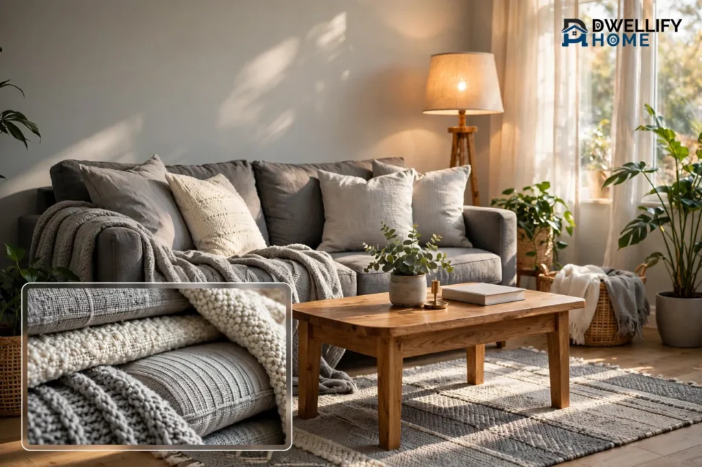 Cozy warm-lit living room with a layered grey sofa, cream and grey cushions, wooden coffee table and floor lamp, with a bottom-left close-up inset of the layered grey and cream cushion and throw fabrics