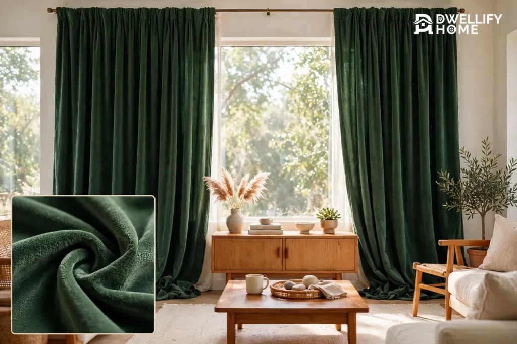 Living room with floor-length deep green velvet curtains hanging high and wide over a large bright window, with a magnified inset of the green velvet fabric weave and drape