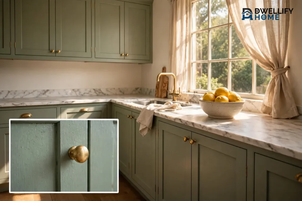 A bright kitchen with sage-green shaker cabinets, brass knobs, marble countertops and a bowl of lemons by a sunny window, with a magnified close-up of a green cabinet door and brass knob in the bottom-left corner