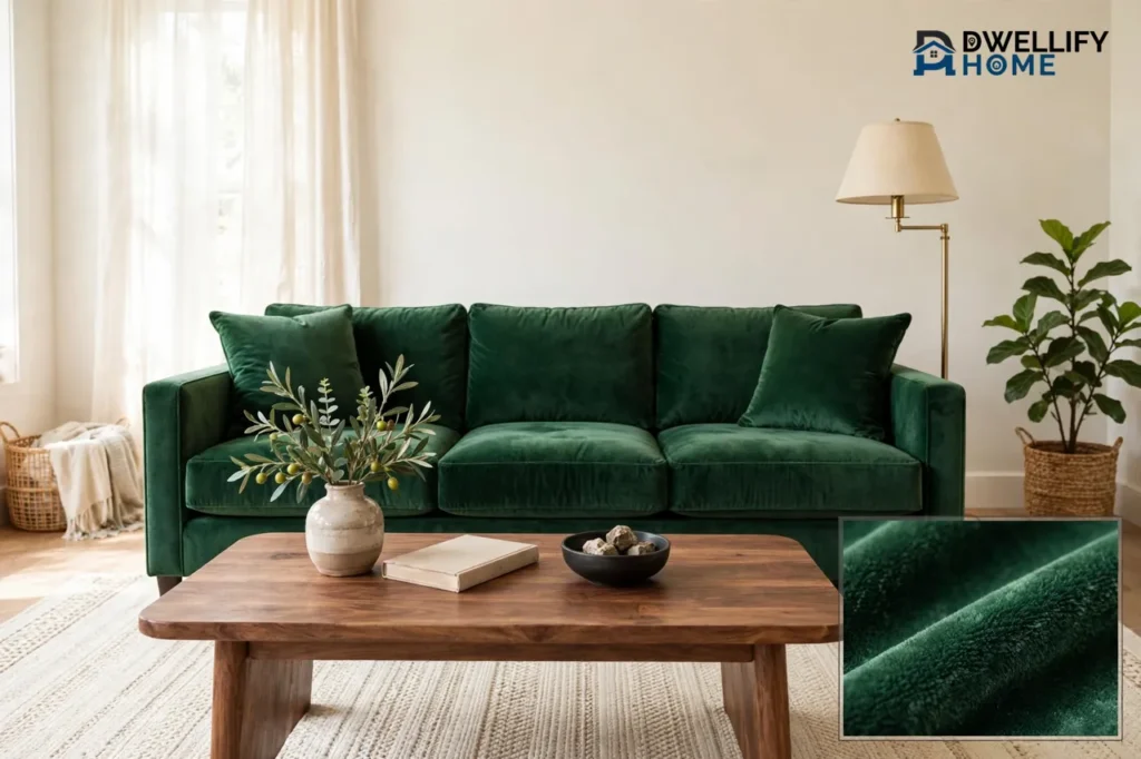 Emerald green velvet sofa in a bright living room with neutral walls, walnut table, brass lamp, and a fabric-detail inset