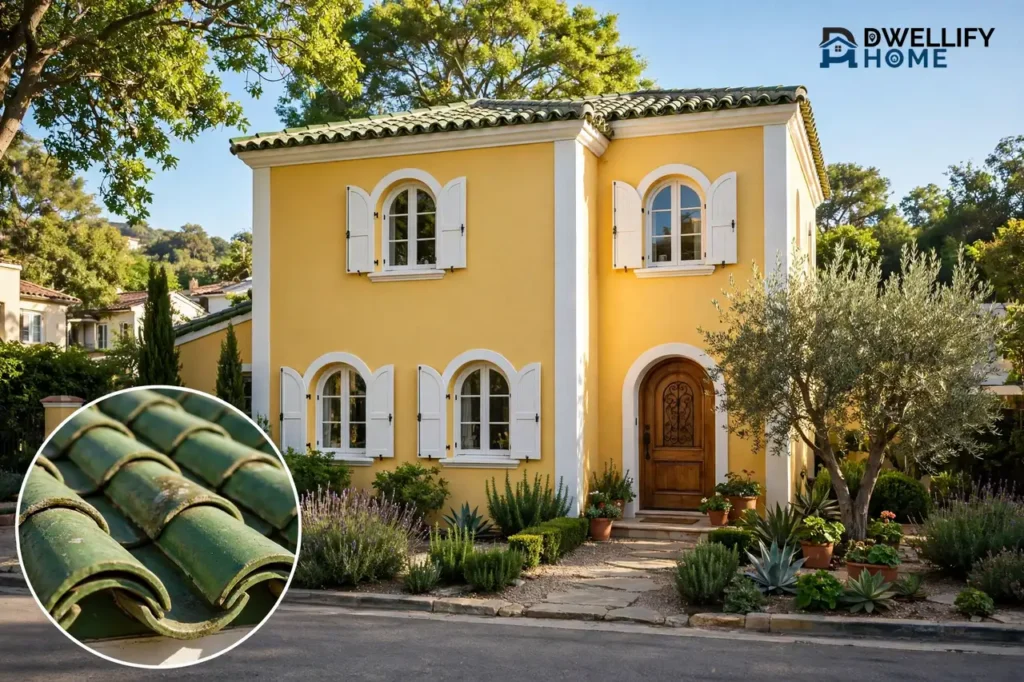 A bright yellow Mediterranean house with a green curved Spanish tile roof, white shutters and arched windows, with a round magnified inset at the bottom left showing a close-up of the green curved roof tiles.