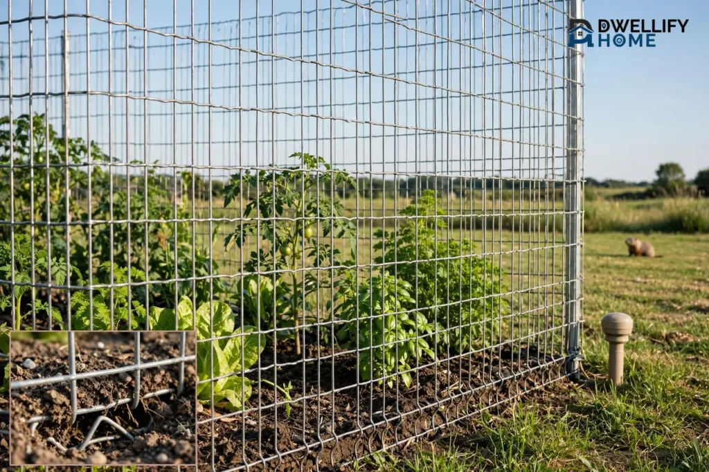 Wire garden fence with buried-wire inset and a tiny distant groundhog